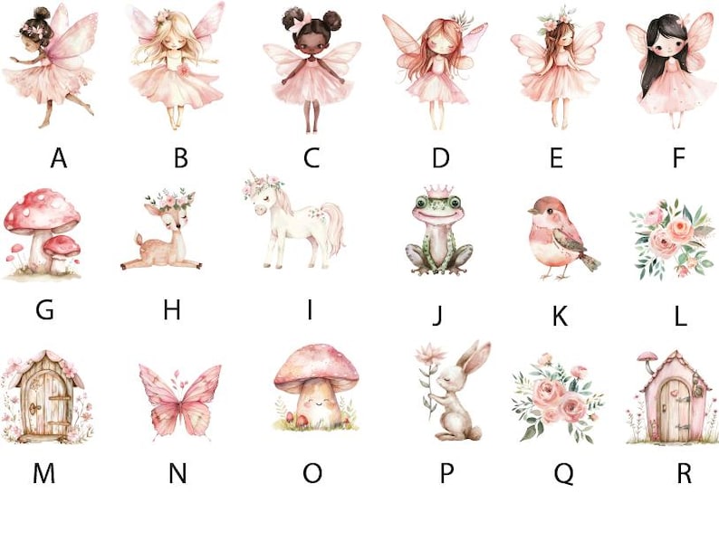 May include: A set of 16 digital illustrations featuring fairies, mushrooms, a deer, a unicorn, a frog, a bird, flowers, a butterfly, a house, and a rabbit. The illustrations are in a watercolour style and are perfect for use in scrapbooking, card making, or other craft projects.