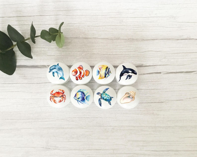 May include: Set of eight white ceramic knobs with colorful ocean-themed illustrations. The designs include a dolphin, clownfish, angelfish, orca, crab, blue tang, sea turtle, and seashell.