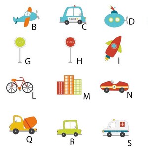 May include: A colourful alphabet chart with illustrations of various vehicles and objects, including a hot air balloon, aeroplane, police car, submarine, fire engine, traffic light, stop sign, rocket, construction crane, taxi, bicycle, building, racing car, boat, car, cement mixer, car, ambulance, and helicopter.