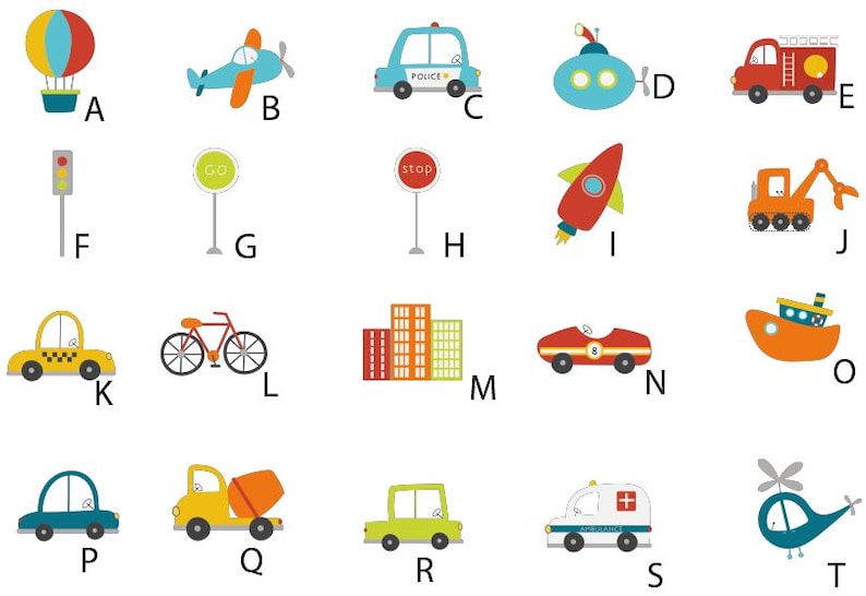 May include: A colourful alphabet chart with illustrations of various vehicles and objects, including a hot air balloon, aeroplane, police car, submarine, fire engine, traffic light, stop sign, rocket, construction crane, taxi, bicycle, building, racing car, boat, car, cement mixer, car, ambulance, and helicopter.