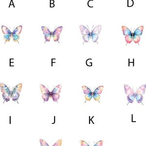 14 rainbow butterfly illustrations each with a slightly different rainbow colour scheme. The designs have a code A - N for ordering purposes and can be added to the choice of design box.