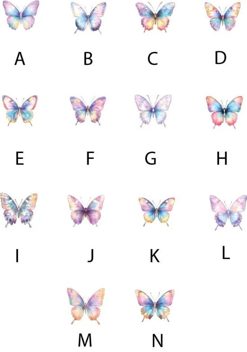 14 rainbow butterfly illustrations each with a slightly different rainbow colour scheme. The designs have a code A - N for ordering purposes and can be added to the choice of design box.