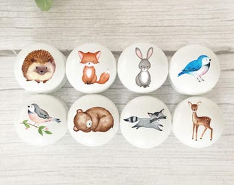 Woodland Animal Furniture Knobs, Handcrafted Beech Forest Animal Handles, Nurser Decor