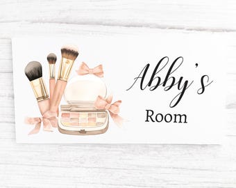 Letrero para puerta con temática de maquillaje, placa de maquillaje, placa para puerta, letrero para puerta, letrero personalizado, placa para puerta personalizada, habitación de niñas