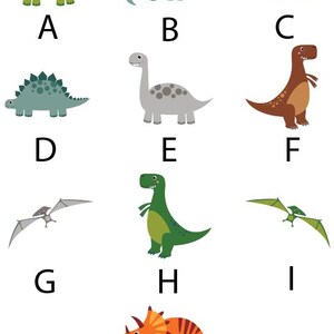 Ten dinosaur illustrations in various different designs and colours. The designs have letters A  to J underneath, these are the codes for ordering.