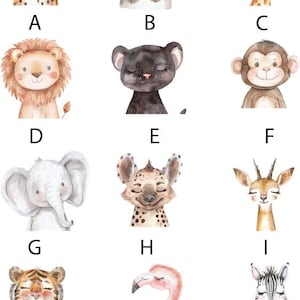 May include: A set of 12 watercolor illustrations of various animals, including a cheetah, hippopotamus, giraffe, lion, panther, monkey, elephant, hyena, deer, tiger, flamingo, and zebra. Each animal is depicted in a cute, cartoon style with a friendly expression.