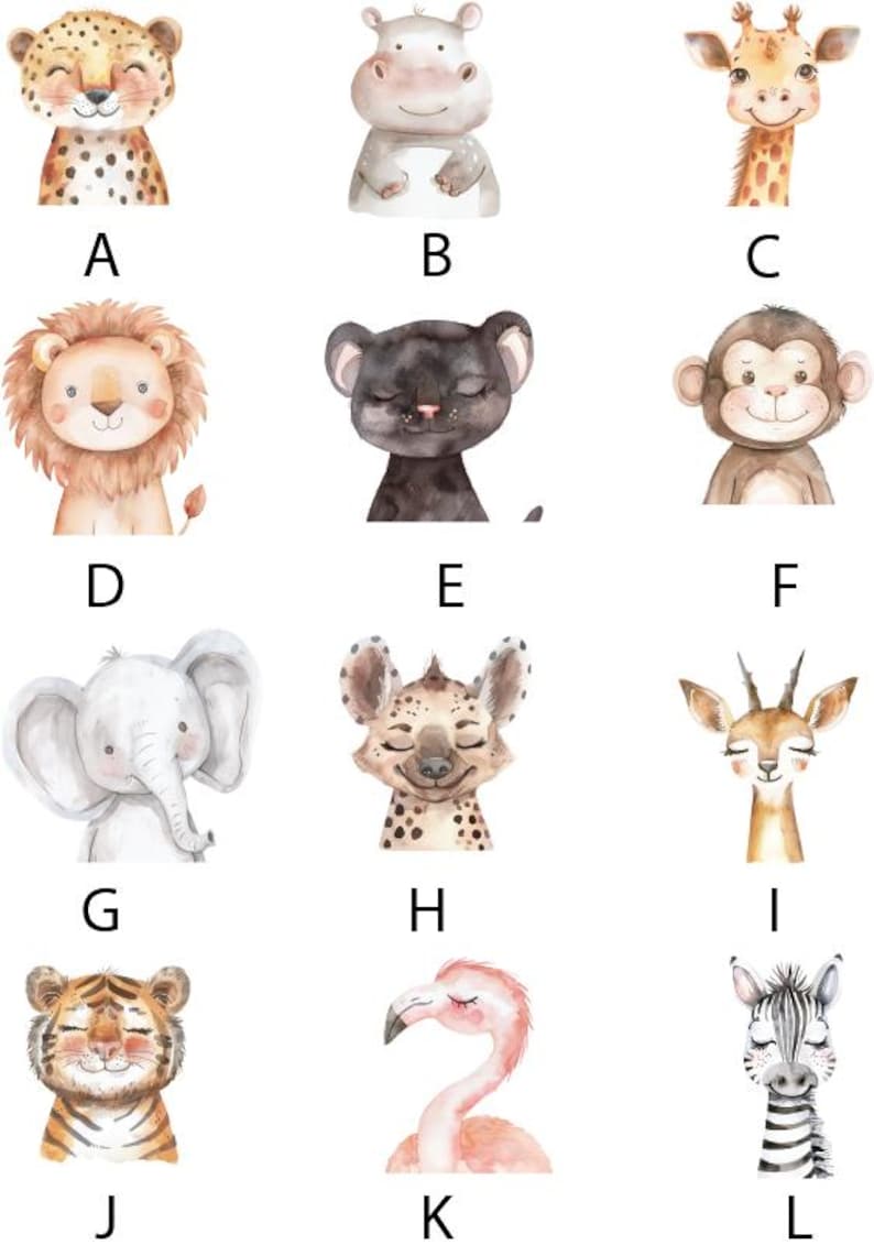 May include: A set of 12 watercolor illustrations of various animals, including a cheetah, hippopotamus, giraffe, lion, panther, monkey, elephant, hyena, deer, tiger, flamingo, and zebra. Each animal is depicted in a cute, cartoon style with a friendly expression.