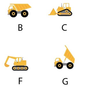 Op de afbeelding: Een set van acht gele bouwvoertuigen, waaronder een kiepwagen, een bulldozer, een kraan en een graafmachine. Elk voertuig is gelabeld met een letter van A tot H.
