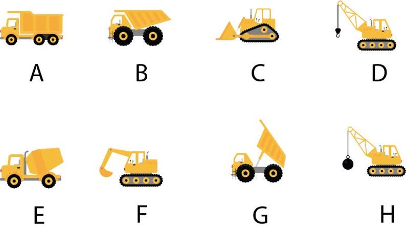 Op de afbeelding: Een set van acht gele bouwvoertuigen, waaronder een kiepwagen, een bulldozer, een kraan en een graafmachine. Elk voertuig is gelabeld met een letter van A tot H.
