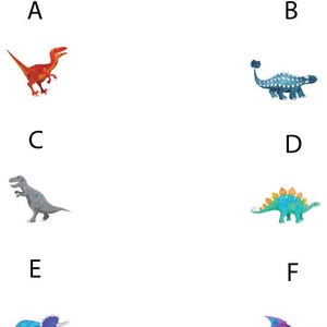 Może przedstawiać: Zbi&oacute;r ośmiu kolorowych ilustracji dinozaur&oacute;w, każda oznaczona literą od A do H. Dinozaury obejmują ż&oacute;łtego Spinozaura, zielonego Brontozaura, czerwonego Welociraptora i niebieskiego Ankylozaura.