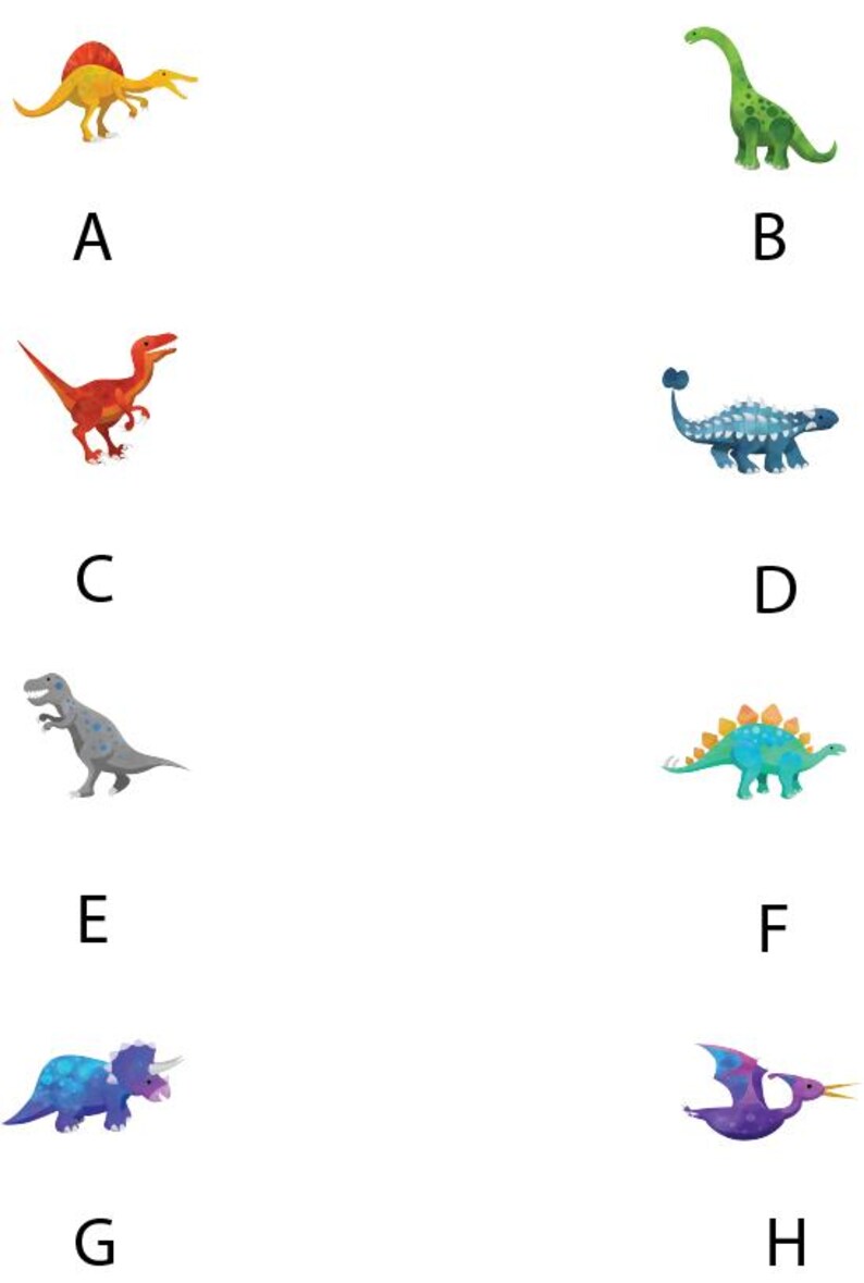 Może przedstawiać: Zbi&oacute;r ośmiu kolorowych ilustracji dinozaur&oacute;w, każda oznaczona literą od A do H. Dinozaury obejmują ż&oacute;łtego Spinozaura, zielonego Brontozaura, czerwonego Welociraptora i niebieskiego Ankylozaura.