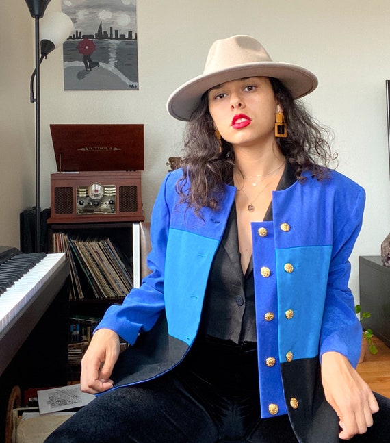 Blue color block blazer