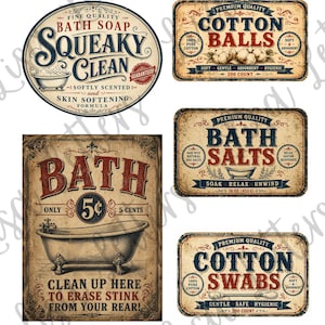 May include: A collection of vintage-style bathroom product labels. The labels include "Squeaky Clean" bath soap, "Cotton Balls", "Bath Salts", and "Cotton Swabs". The color palette is primarily brown, blue, and red, with decorative fonts and illustrations.