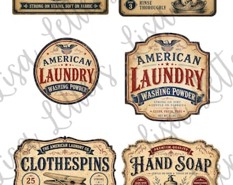Set of 6 printable primitive Laundry labels for crafting, download, vintage booth decor