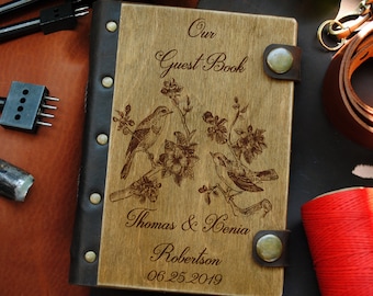 Wooden guest book wedding custom guestbook wood wedding leather book personalized wedding gift for couple leather guest book engagement gift