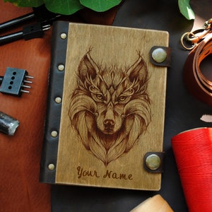 Personalized wooden book wolf journal custom notebook wood sketchbook leather notebook gift for friend men gift writing journal Christmas