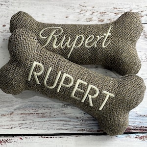 Personalised Tweed Dog Bone Toy: Embroidered Puppy Gift with Squeaker