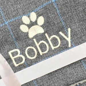 Personalized Grey Check Fleece Dog Blanket: Embroidered Paw Print Pet Gift image 1