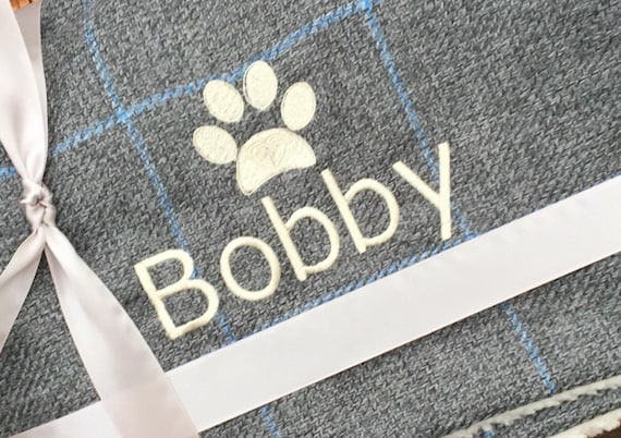Personalized Grey Check Fleece Dog Blanket: Embroidered Paw Print Pet Gift