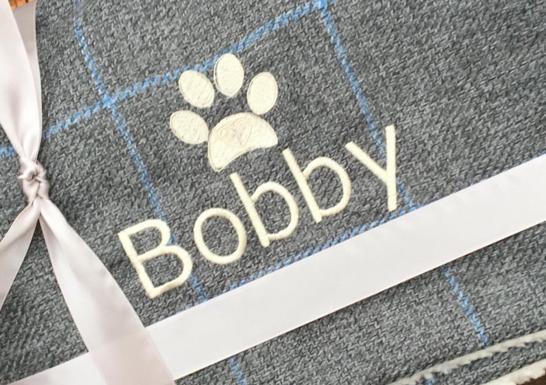 Personalized Grey Check Fleece Dog Blanket: Embroidered Paw Print Pet Gift image 1