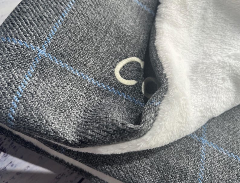 Personalized Grey Check Fleece Dog Blanket: Embroidered Paw Print Pet Gift image 2