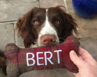 Handmade Personalised Dog Bone Toy Dog Puppy Gift Dog Gift Dog Toy With or without Squeaker  Red and olive check Tweed Look