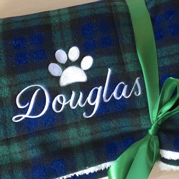 Personalised Dog Blanket Black Watch Tartan Double Fleece  - Cream Teddy Fleece on reverse - 70cm x 100cm Washable Dog Blanket -Tartan Check