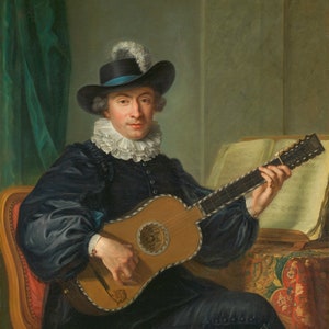 Dreamy 18th century French musician playing guitar.  Portrait of Monsieur Aublet was painted by Guillaume Voiriot around 1782 in France.