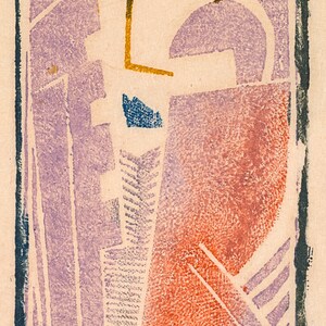 Digital file of cubist Max Weber woodcut print with green, orange and mauve colors.