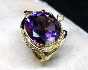 14K gold engagement ring with diamonds and amethyst -Engagement Ring - Diamond Engagement Ring - Rings - Engagement Rings for Women