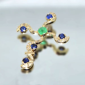 Gold cross with diamonds, blue sapphires and emerald/ diamond cross/ sapphire cross with diamonds/ gold cross with emerald