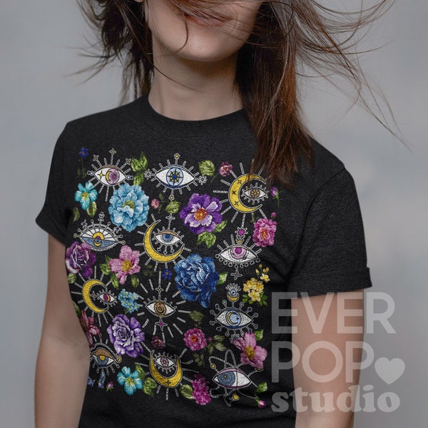 Evil Eye Moon Shirt, Turkish Graphic Tee, Cosmic Witch Tshirt, Aesthetic Flower, Boho Hippie Floral, Star Celestial Print, Galaxy Art