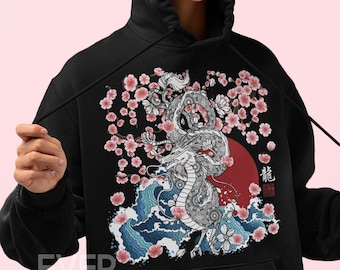 Dragon Sakura Hoodie: Japanese Streetwear Pullover
