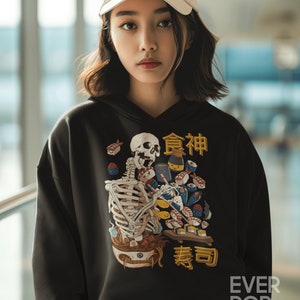 Goth Skeleton Hoodie, Japanese Sweatshirt, Sushi Ramen Sweater, Japan Food Hoody, Funny Skull Hooded, Spooky Halloween, Foodie Gothic Shirt