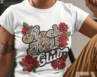 Rock N Roll Leopard Print Tee: Rose Flower Graphic Shirt