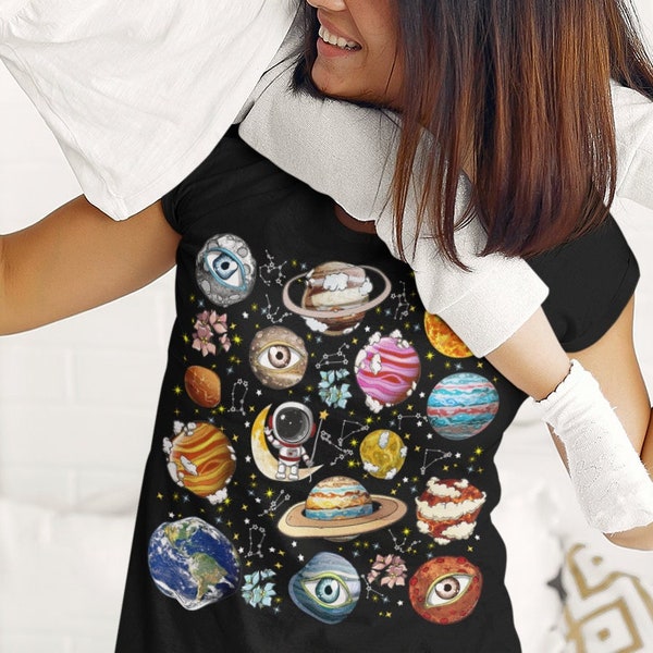 Galaxy Space Shirt, Astronaut Tshirt, Evil Eye Moon Print, Planet Graphic Tee, Boho Solar System, Star Fantasy T Shirt, Science Mom Gift