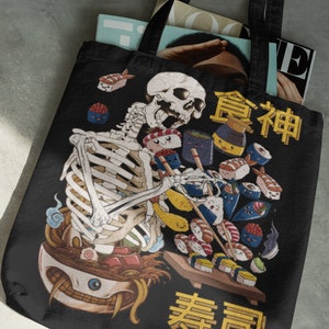 Skeleton Sushi Tote, Japanese Graphic, Gothic Skull Print, Streetwear Handbag, Trendy Shoulder Bag, Goth Japan Purse, Kawaii Mom Gift