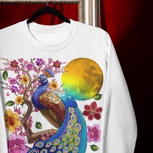 Peacock Sakura T-Shirt: Cherry Blossom Print, Moon Floral Graphic Tee image 8