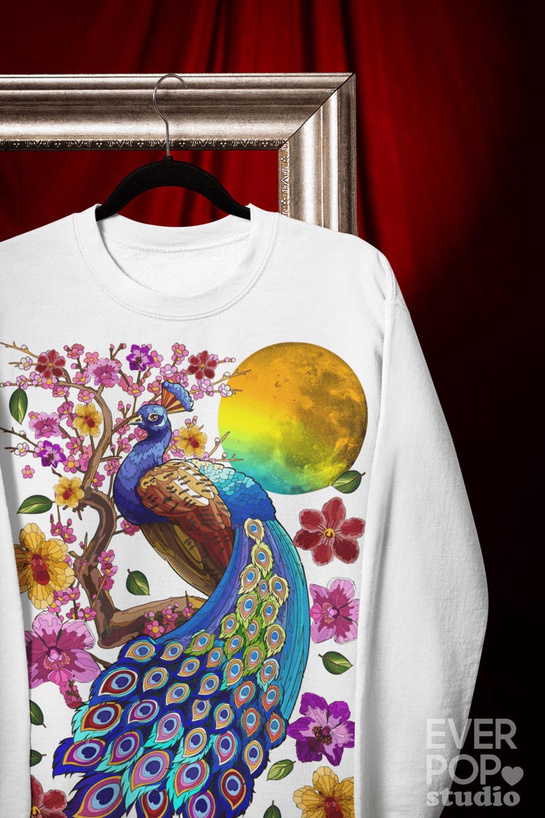 Peacock Sakura T-Shirt: Cherry Blossom Print, Moon Floral Graphic Tee image 8