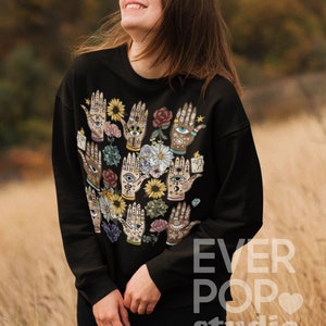 Hamsa Sweatshirt, Evil Eye Sweatshirts, Cute Melanin Sweater, Cool Eyes Pullover, Cozy Hippie Fleece, Soft Gothic Jumper, Boho Sunflower Top