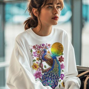 Peacock Sakura T-Shirt: Cherry Blossom Print, Moon Floral Graphic Tee image 2