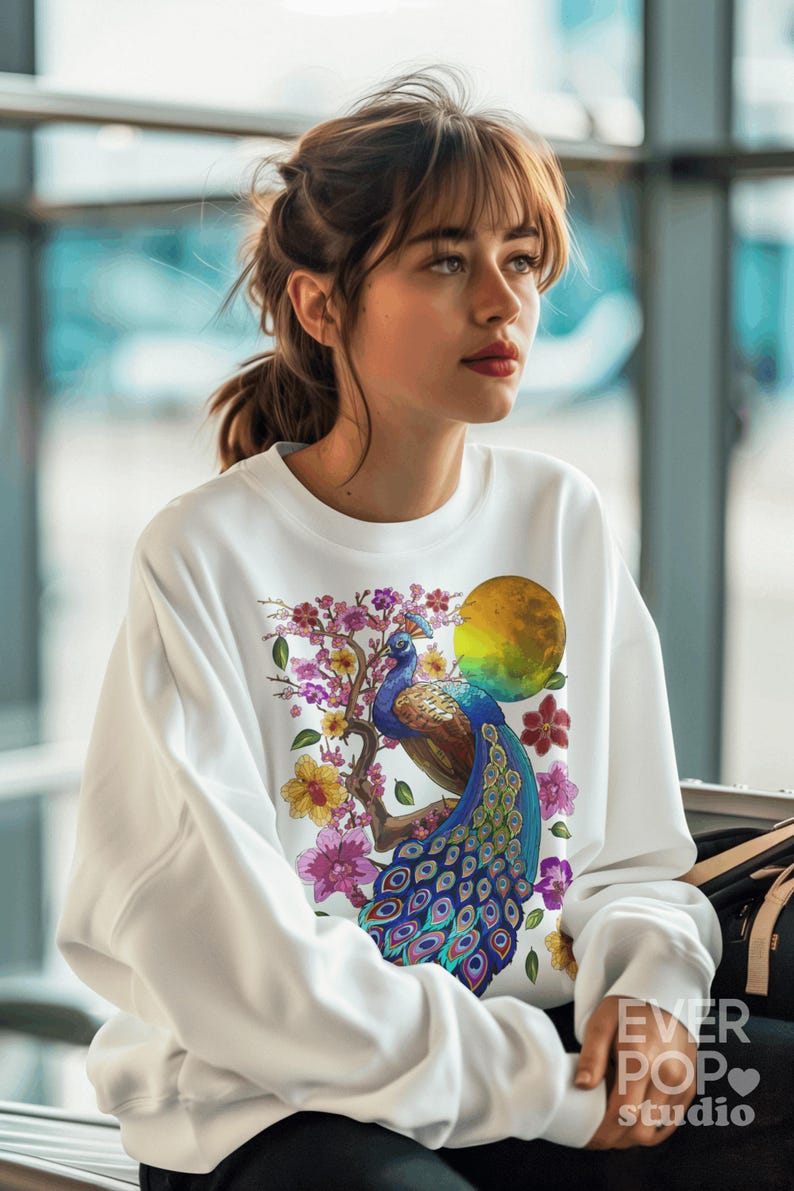 Peacock Sakura T-Shirt: Cherry Blossom Print, Moon Floral Graphic Tee image 2