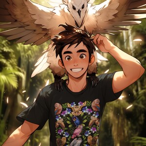 May include: A black t-shirt featuring a colorful owl pattern. A large white owl with outstretched wings is perched behind the person. The background is a lush green forest with sunlight filtering through the trees.