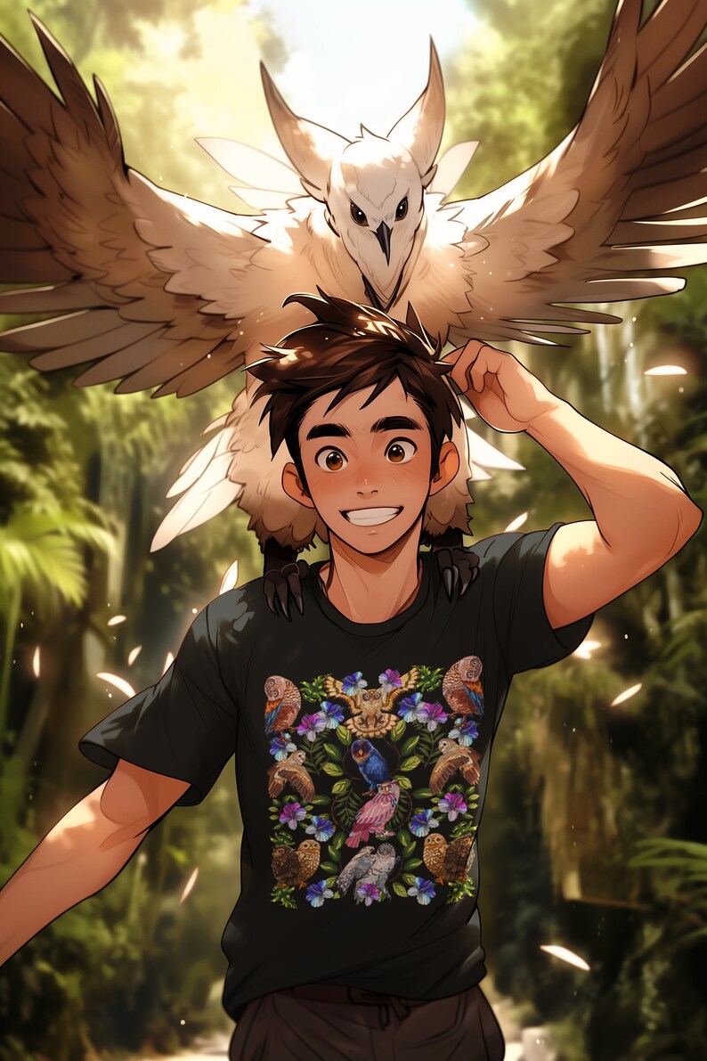May include: A black t-shirt featuring a colorful owl pattern. A large white owl with outstretched wings is perched behind the person. The background is a lush green forest with sunlight filtering through the trees.