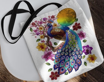 Peacock Feather Tote, Animal Bird Print, Floral Tree Graphic, Aesthetic Handbag, Trendy Shoulder Bag, Ladies Purse Gift, Multicolor Colorful