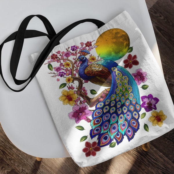 Peacock Feather Tote, Animal Bird Print, Floral Tree Graphic, Aesthetic Handbag, Trendy Shoulder Bag, Ladies Purse Gift, Multicolor Colorful