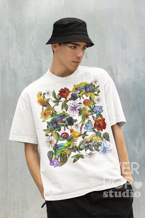 Bird Chameleon Shirt, Parrot Animal Tshirt, Reptile Graphic Tee, Tropical Rose Print, Colorful Flower T, Snake Floral Art, Stylish Hippie