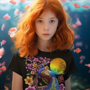 May include: A young girl with long, red hair is wearing a black t-shirt with a colorful peacock design and a pink skirt. The design features a peacock with its tail feathers spread out, standing on a branch with pink flowers. A large, yellow moon is in the background.