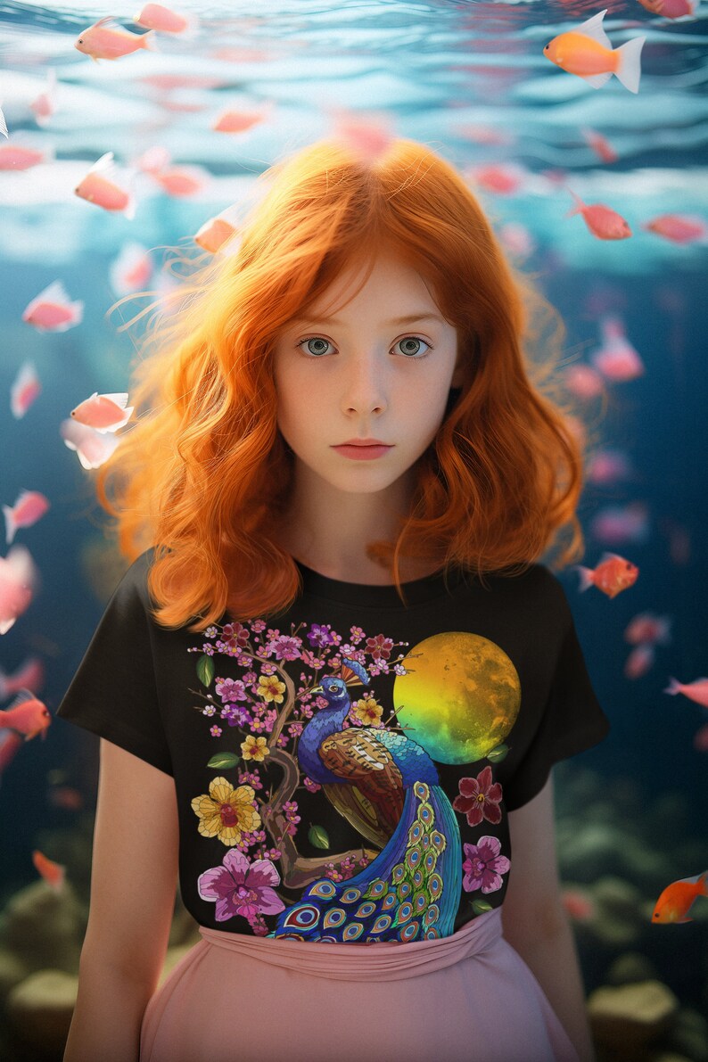 May include: A young girl with long, red hair is wearing a black t-shirt with a colorful peacock design and a pink skirt. The design features a peacock with its tail feathers spread out, standing on a branch with pink flowers. A large, yellow moon is in the background.