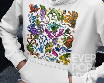 Sudadera con capucha de reptil colorida: estampado bohemio de lagarto, serpiente y rana